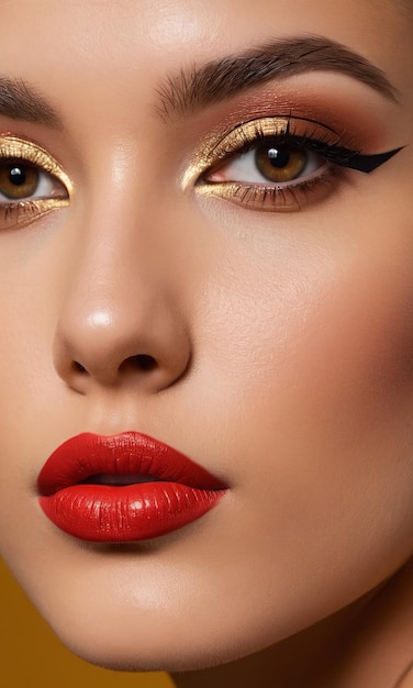 Portrait of a womans face cat eye makeup bright red lipstick lips perfect makeup glossy red lips beauty and seductiveness concept of makeup and cosmetic themes skin care