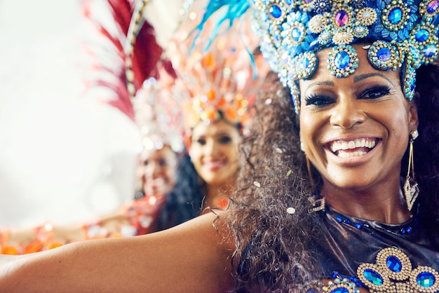 Portrait of women samba and Brazilian carnival dancers in creative fashion for celebration party and music festival event Happy black woman dancing in rio de janeiro for salsa group performance