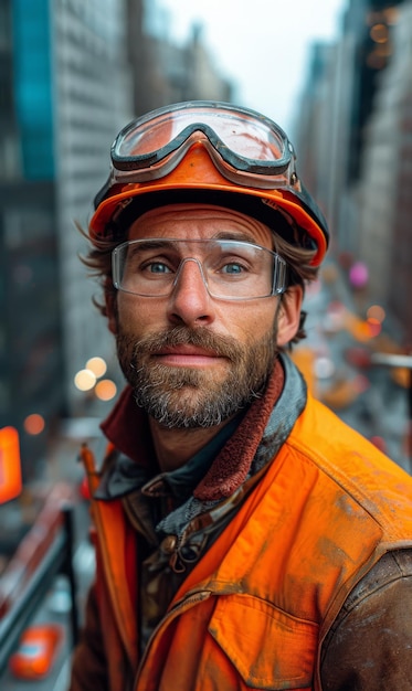 Portrait of worker in the helmet and goggles Engineer man wearing an orange hard hat vest and safety goggles standing on a scaffolding over an excavation site and city street