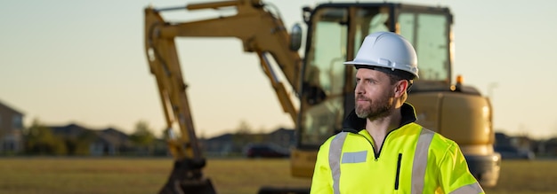 Portrait of worker man small business owner Construction worker with hardhat helmet on