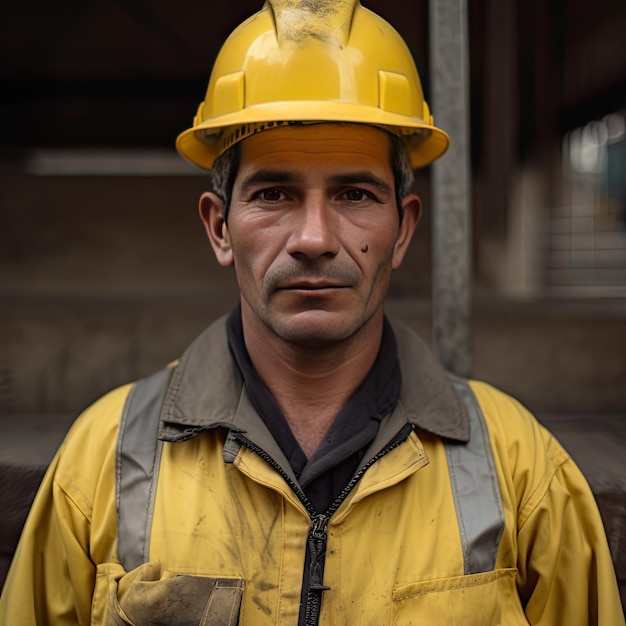 Portrait of a worker with yellow hard hat and raincoat Concept of industrial and mining work