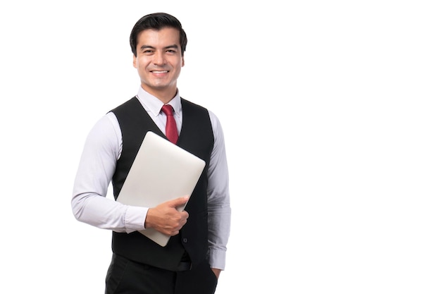 Portrait working Asian business handsome man ware suit holding laptop computer on white background with copy space business concept