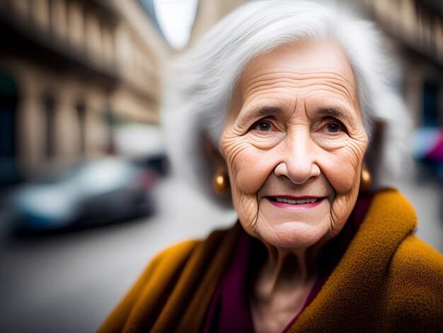 Photo portrait of worried senior woman on city blurred background product placement generative ai