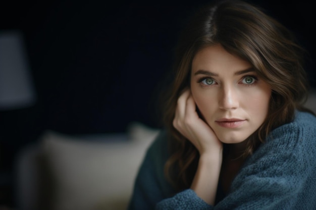 Photo portrait of worried woman at home