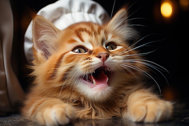 Portrait of a yellow kitten meowing with a chef or cook hat