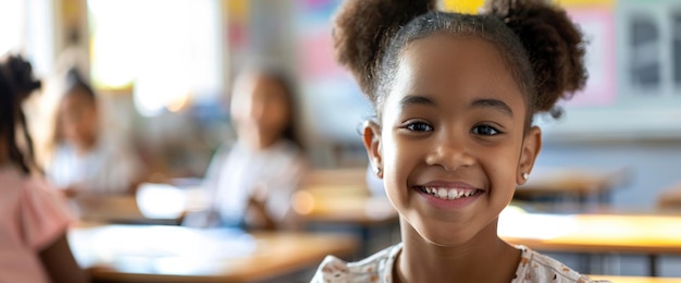 A portrait of a young African American girl smiling confidently in a bright classroom