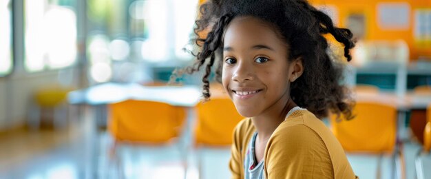 A portrait of a young African American girl smiling confidently in a bright classroom