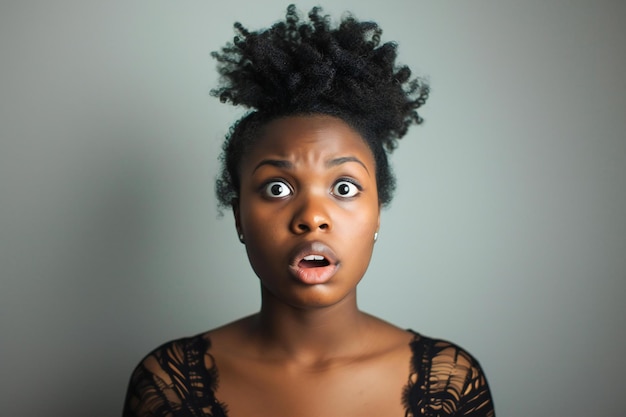 Portrait of young african american woman with shocked facial expression