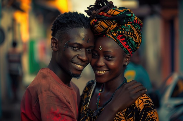 Portrait of young african couple embracing on the street