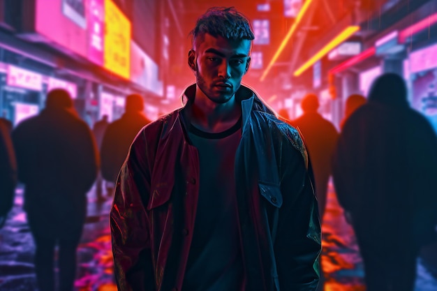 Portrait of a young AfricanAmerican man in a dark coat on a city street