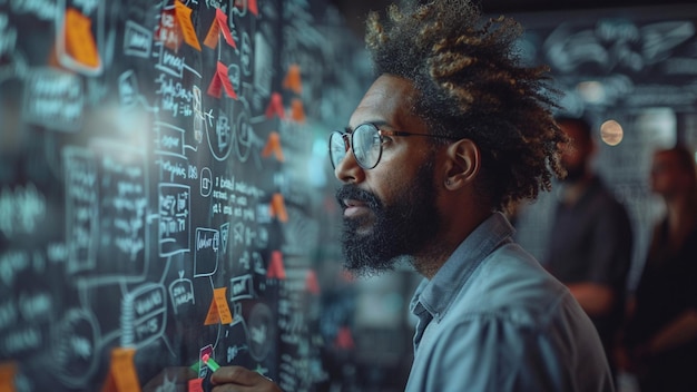 Portrait of young AfricanAmerican man in eyeglasses looking at blackboard with mathematical formula