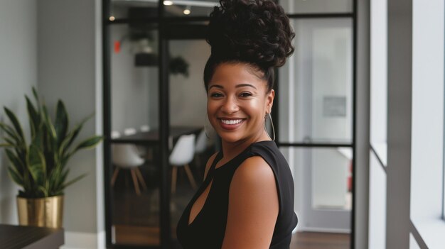 Portrait of young afro american businesswoman laughing in office