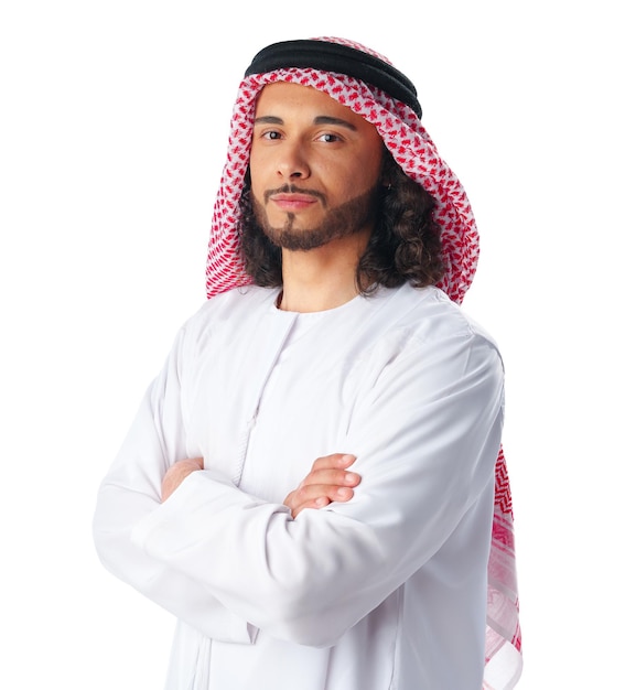 Portrait of a young arab man wearing middleeastern traditional dress thobe isolated on white