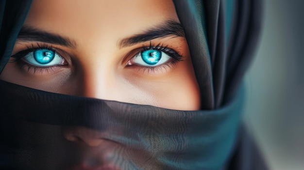 Portrait of a young Arab woman in black hijab with blue eyes Traditional clothing Banner