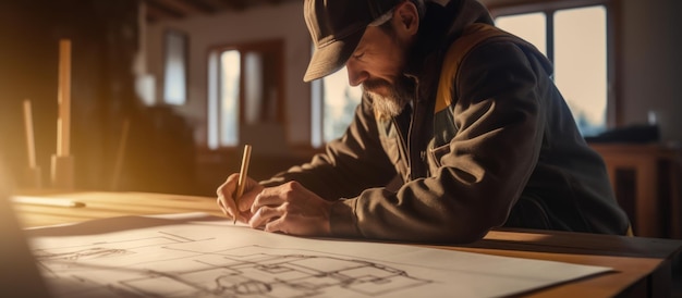 portrait of a young architect wearing a brown hat drawing a sketch for his project