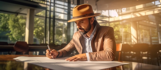 portrait of a young architect wearing a brown hat drawing a sketch for his project