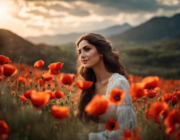 Portrait of a young Artyan woman in poppy fields Generation of AI