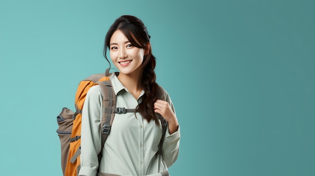 portrait of young Asian female tourist with travel backpack on studio background