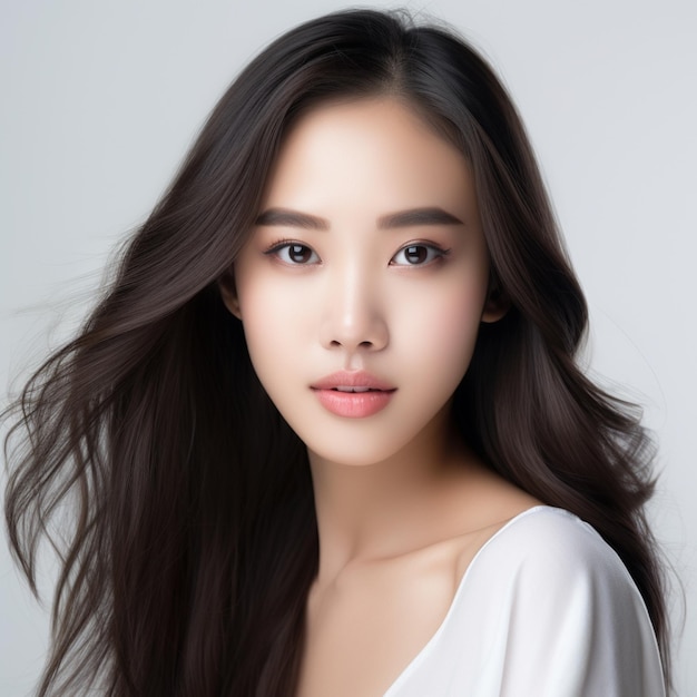 portrait of a young Asian girl with long dark hair with light Korean makeup on her face and with rad