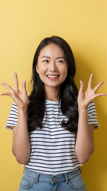 Portrait of young asian lady smiling with cheerful expression shows something amazing at blank spa