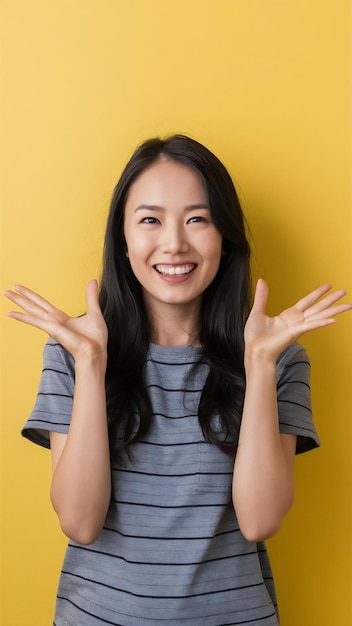 Portrait of young asian lady smiling with cheerful expression shows something amazing at blank spa