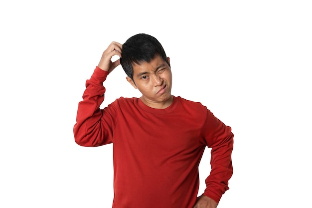 Portrait of young asian man feeling disappointed worried gesture Human emotion face expression concept Studio shot isolated on white background copy space