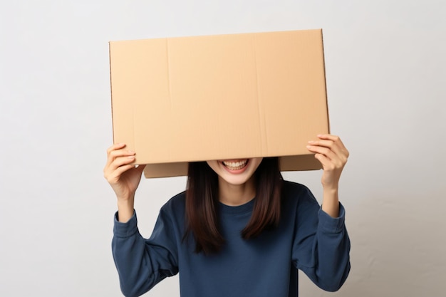 Portrait young Asian woman holding parcel box on her head on white studio background