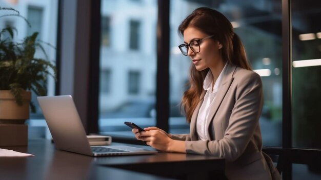 Portrait of a young Asian woman showing a smiling face as she uses her phone computer and financial