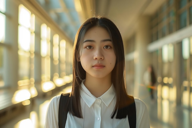 Portrait of young Asian woman smiling relaxing outdoors Attractive happy female possibly Chinese