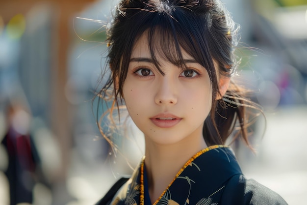 Portrait of a Young Asian Woman with Natural Makeup in Traditional Clothing Outdoors