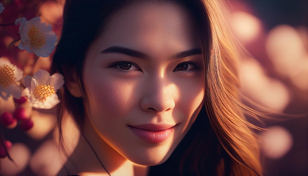 Portrait of a young Asian woman with a smile highlighted by light rays and surrounded by cherry blossoms created using Generative AI