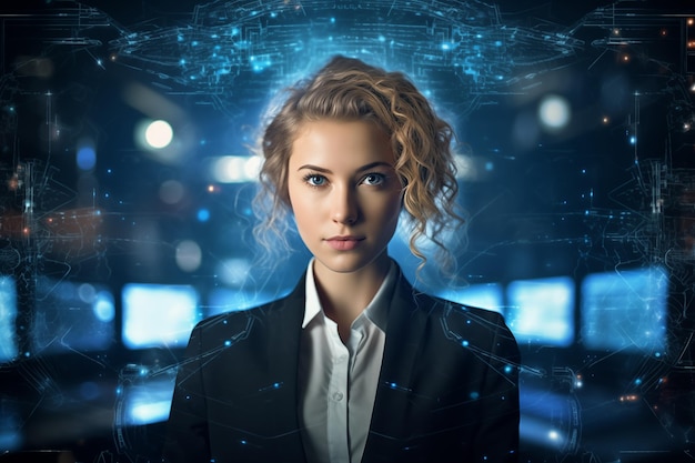 Portrait of young attractive businesswoman with glowing business interface on background