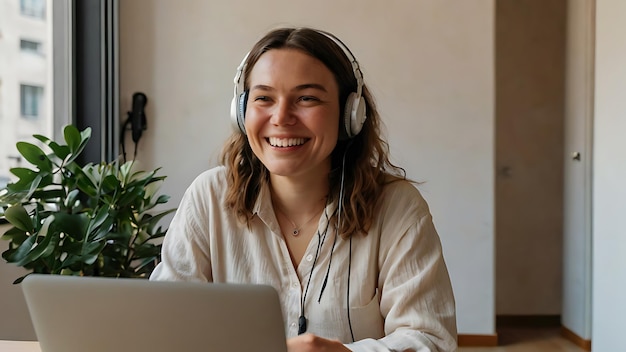 a portrait of young attractive smiling woman sitting on a chair and using laptop