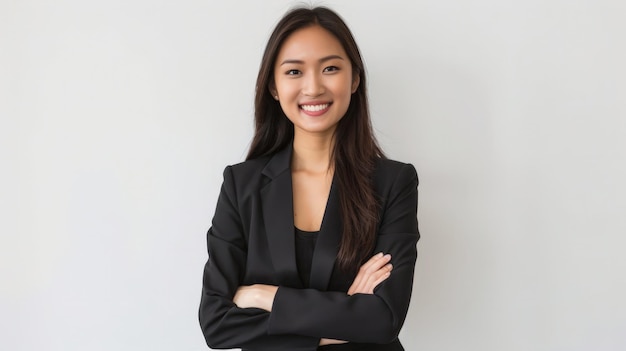 Portrait of Young beautiful Asian businesswoman standing and smiling isolated on white background