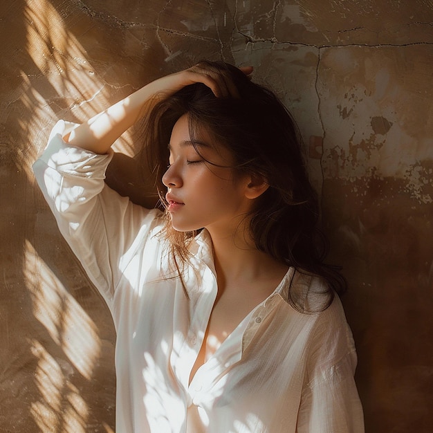 Portrait of young beautiful asian woman traveler hands protect face from sun light in fresh summer