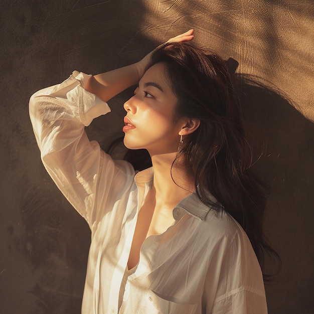 Portrait of young beautiful asian woman traveler hands protect face from sun light in fresh summer