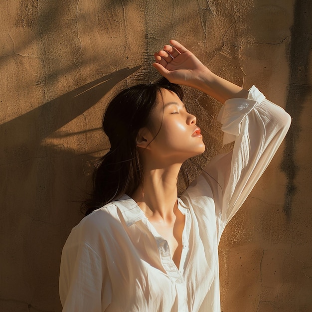 Portrait of young beautiful asian woman traveler hands protect face from sun light in fresh summer