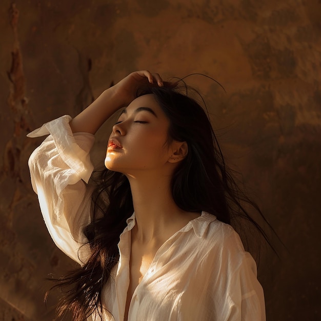 Portrait of young beautiful asian woman traveler hands protect face from sun light in fresh summer