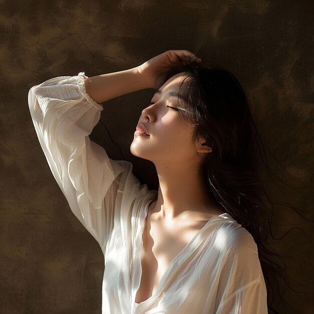 Portrait of young beautiful asian woman traveler hands protect face from sun light in fresh summer