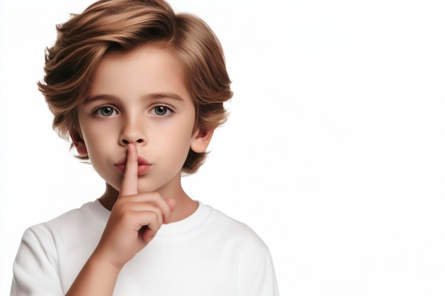 Portrait of young beautiful cute boy child hold finger on lips showing silence on white background ai generative