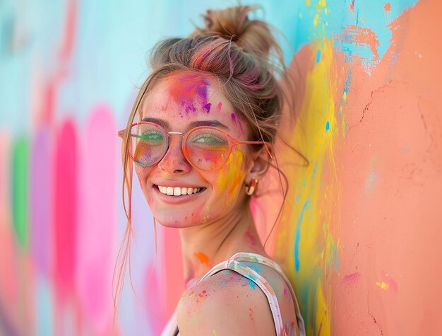 portrait of young beautiful girl playing holi and smiling celebrating festival of colors