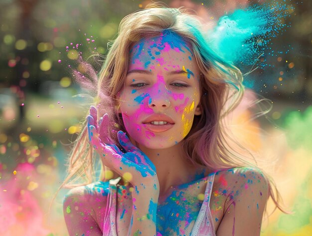 portrait of young beautiful girl playing holi and smiling celebrating festival of colors