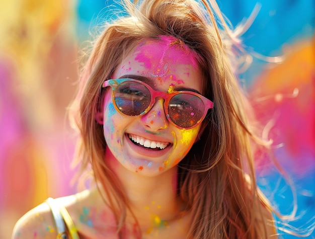 portrait of young beautiful girl playing holi and smiling celebrating festival of colors