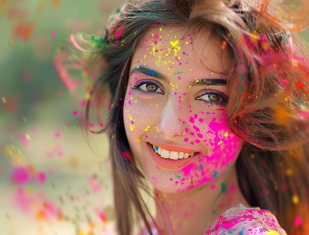 portrait of young beautiful girl playing holi and smiling celebrating festival of colors