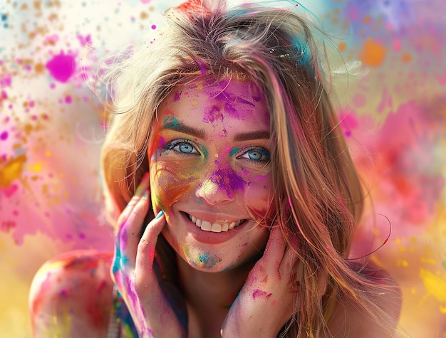 portrait of young beautiful girl playing holi and smiling celebrating festival of colors