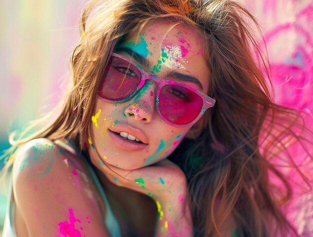 portrait of young beautiful girl playing holi and smiling celebrating festival of colors