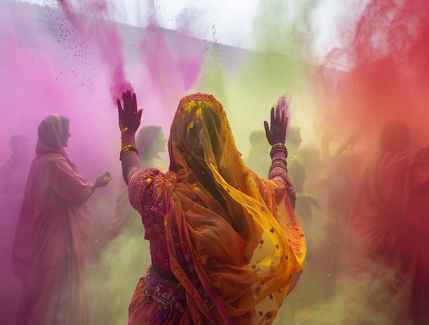 portrait of young beautiful girl playing holi and smiling celebrating festival of colors