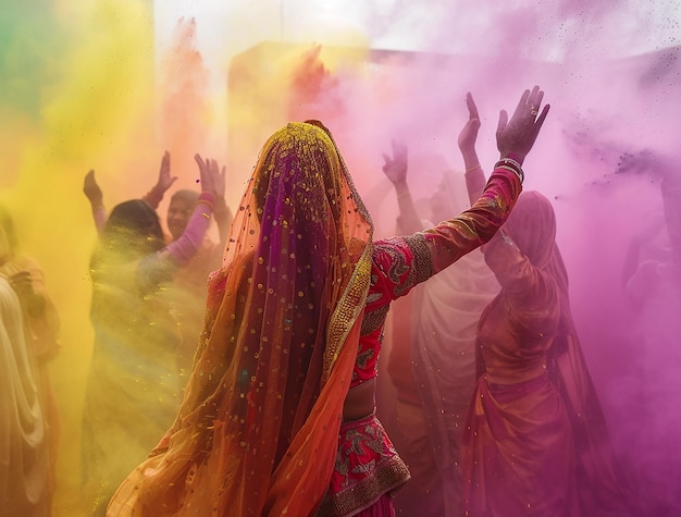 portrait of young beautiful girl playing holi and smiling celebrating festival of colors