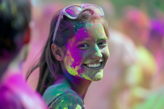 portrait of young beautiful girl playing holi and smiling indian festive celebration