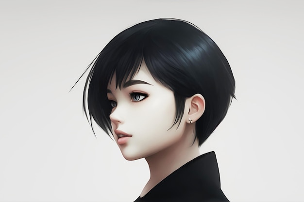 Portrait of a young beautiful girl in profile with a beautiful hairstyle and black hair abstract style minimalism Generation AI